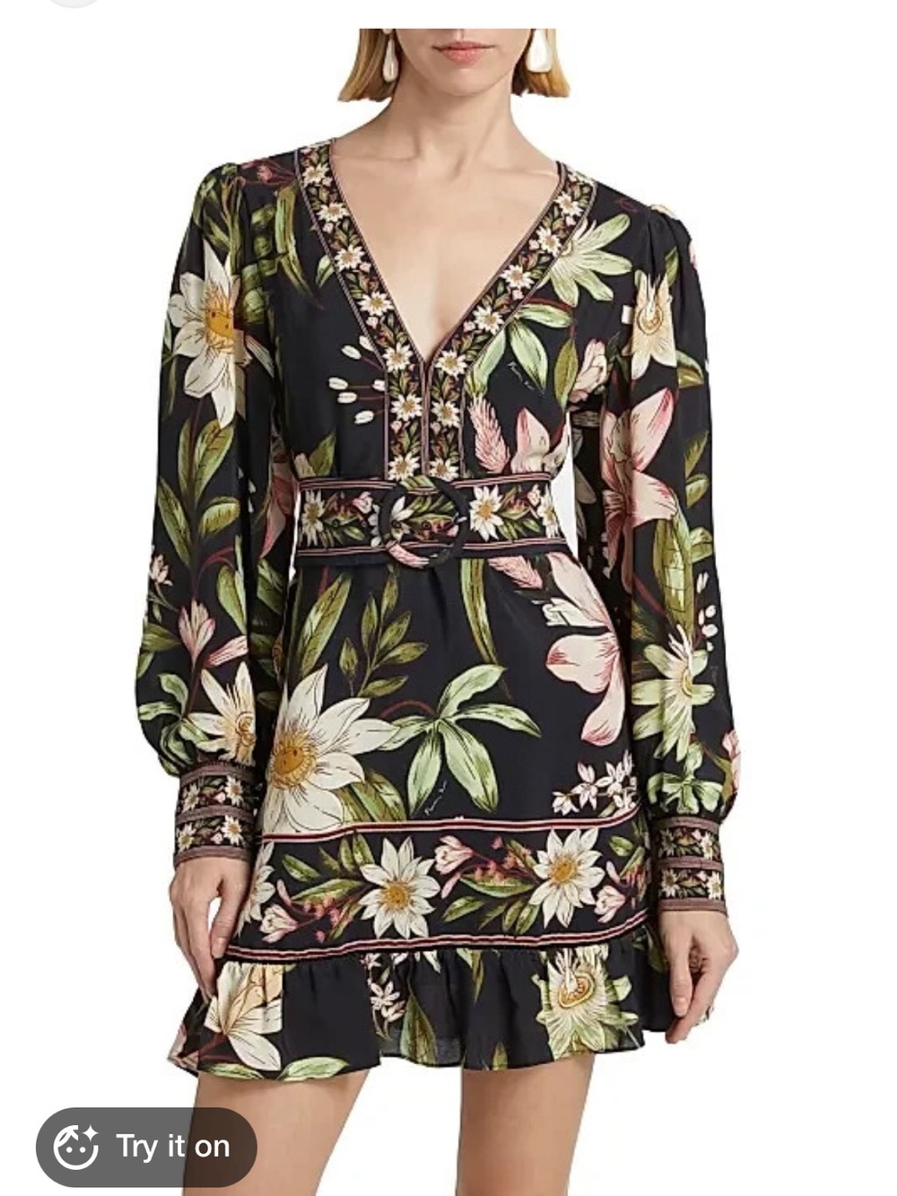 FARM Rio Black Floral V-Neck Long Sleeve Mini Dress